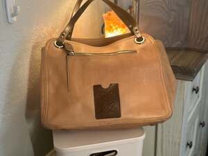 B-1: Orla Kiely Perforated Stem Leather Triple Compartment Shoulder Bag Tan